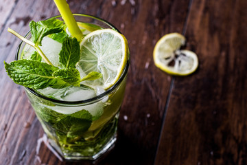 Mojito cocktail with lime, mint leaves and ice.
