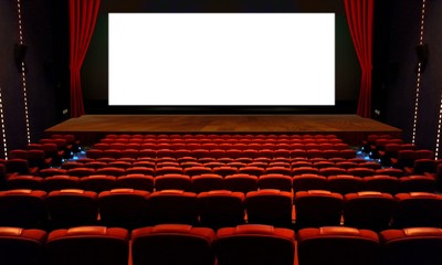 Theater hall with red seat and wide blank white screen