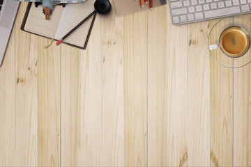 Workplace header image, Top view of Modern Desktop Computer on wood desk in office.