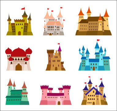 Castles and fortresses flat design vector icons. Set of illustrations of ruins, mansions, palaces, villas and other medieval buildings