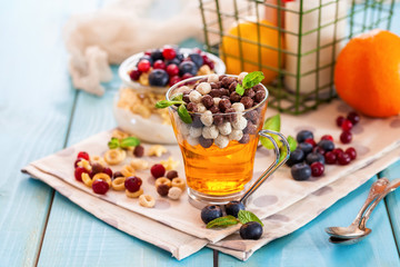 Citrus jelly with cereal. Selective focus. Copy space
