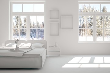 Obraz na płótnie Canvas White bedroom with winter landscape in window. Scandinavian interior design. 3D illustration