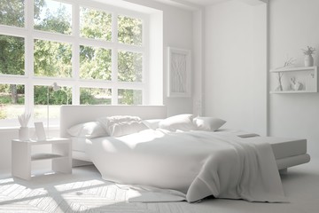 White bedroom with green landscape in window. Scandinavian interior design. 3D illustration