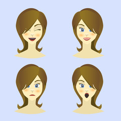 Girl , woman emotions character, joy, happiness, surprise, anger, equanimity, cartoon character, flat style. Vector illustration