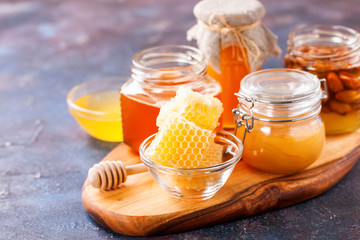 Honey on a board. Selective focus.