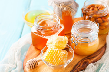 Honey on a board. Selective focus.