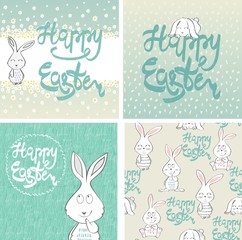Happy Easter greeting card with bunny. Hand drawn lettering.