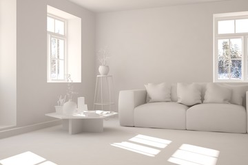 White room with sofa and winter landscape in window. Scandinavian interior design. 3D illustration