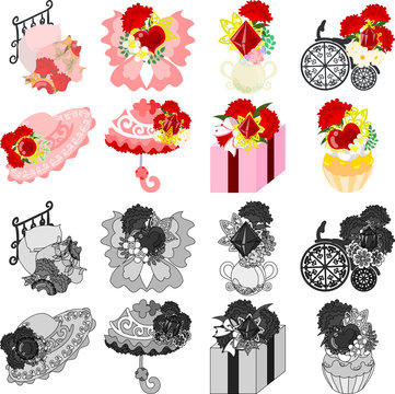 The cute icons of carnation objects such as bed and ribbon and vase and bicycle and hat and parasol and present and cake and carnation and flower and crystal
