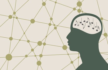 Silhouette of a man's head with music notes. Mental health relative brochure, report or flyer design template. Scientific medical designs. Connected lines with dots. Vector illustration