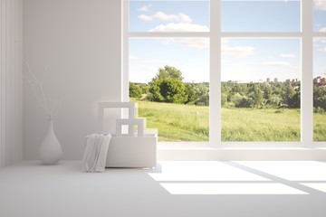 Plakat White empty room with green landscape in window. Scandinavian interior design. 3D illustration