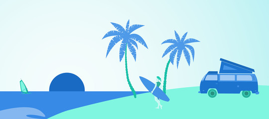 Fototapeta na wymiar Summertime. Girl with surfboard on beach. Palms and trendy mini van. Green and blue landscape