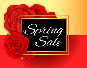 Spring sale background with gold frame and red roses.. Vector illustration banner with flowers decoration.