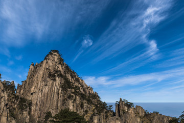 Landscape of Huangshan (Yellow Mountains). Huangshan Pine trees. Located in Anhui province in eastern China. It is a UNESCO World Heritage Site, and one of China's major tourist destinations.