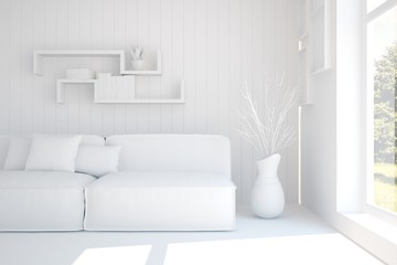White room with sofa and green landscape in window. Scandinavian interior design. 3D illustration