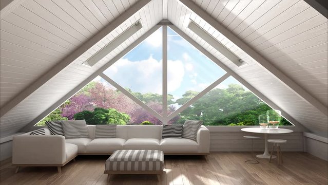 Panoramic window on eastern garden, mezzanine loft, living room with relaxing sofa, minimalist scandinavian interior design