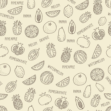 Seamless pattern with hand drawn exotic fruit on beige background