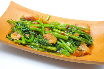 Thai Food Fried Morning Glory with Crispy Pork
