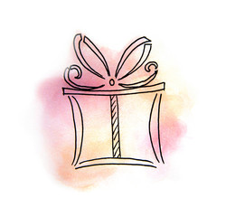 Watercolor gift box with paint stain isolated on a white background