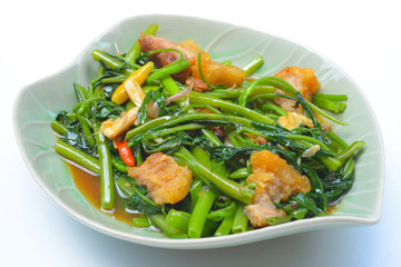 Thai Food Fried Morning Glory with Crispy Pork
