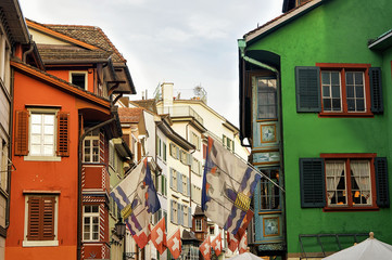 Flags on Augustinergasse pedestrian Street in Zurich center
