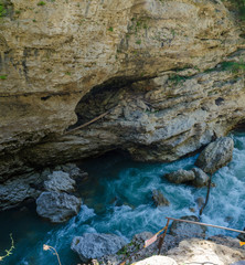 Panorama of beautiful White river in caucasian mountains in Adygea, Russia 23 Region Krasnodar