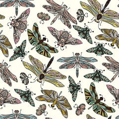 Seamless vector hand drawn pattern with fantasy butterflies, dragonflies, beetles, bugs and mothes.