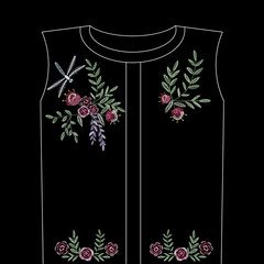 Embroidery colorful ethnic floral design with dragonfly, roses and other flowers . Vector flowers ornament on black background for fashion design..