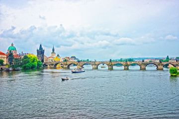 Charles Bridge with Tower over Vltava River Prague