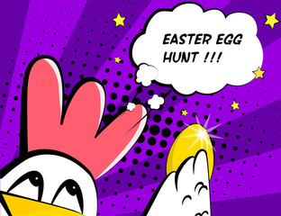 Happy Easter vector card with rooster, golden egg and text cloud. Comics style.