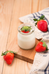 Strawberry Yoghurt. Healthy food with Strawberries and yoghurt breakfast on table.