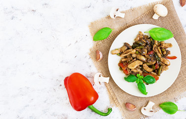 Stir Fry Chicken with peppers and peas on white background. Top view
