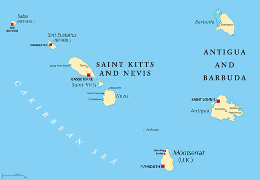 Saint Kitts And Nevis, Antigua And Barbuda, Montserrat, Saba and Sint Eustatius political map. Islands in the Caribbean Sea and parts of the Lesser Antilles. Illustration with English labeling. Vector