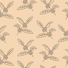 Coffee plant with leaf, berry, coffee bean. Seamless pattern with coffee tree.