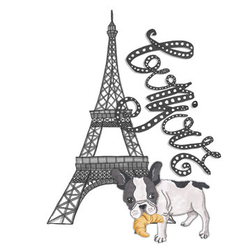 Bonjour Lettering Hand-Painted Croissant Isolated French Hello Illustration Eiffel Tower French Buldog 