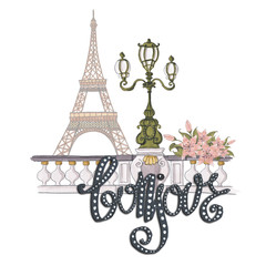 Bonjour Lettering Hand-Painted Flowers Isolated French Hello Illustration Eiffel Tower Street Light © Tanya Kart