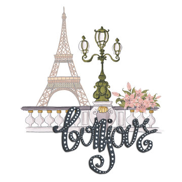 Bonjour Lettering Hand-Painted Flowers Isolated French Hello Illustration Eiffel Tower Street Light