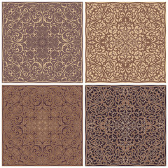 Four square patterns of brown and cream shades. Oriental ornament for the design of scarves, scarves or textiles. Vector illustration.