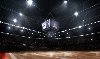 Professional durk basketball court arena in lights with fans
