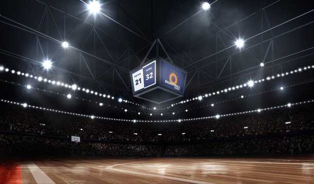 Professional durk basketball court arena in lights with fans