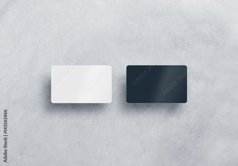 Poster two blank plastic business cards mockups set isolated on grey textured background. black and white n