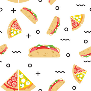 Seamless pattern consisting of fast food, drawn in a flat style for wrapping paper or for printing on fabric.