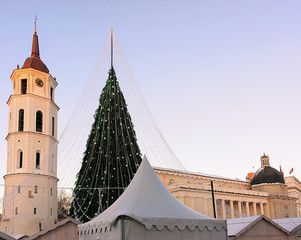 Fototapeta premium Christmas tree and Cathedral bell tower Lithuania Vilnius at Advent