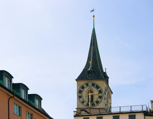 Fototapeta na wymiar Clock of St Peter Church in Zurich Switzerland