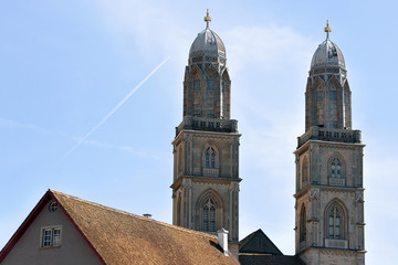 Fototapeta na wymiar Double towers of Grossmunster Church in Zurich Switzerland