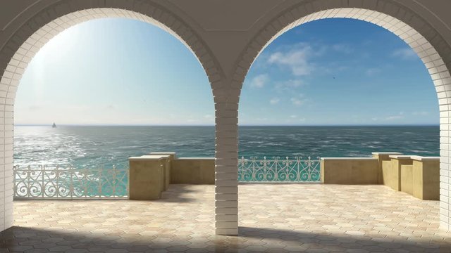 Empty classic terrace with forged iron railing and sandstone arch, panoramic on sea ocean