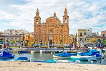 Fotobehang Parish Church at Msida marina with boats on Malta Island © Roman Babakin
