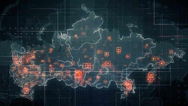 Black Russia Map with Lines Rollback Camera. Black Russia map with visual effects,square indicators and animated lines in different places.
