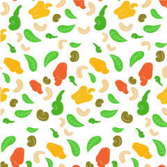  seamless background of a cashew nut. Shelled walnuts whole cashews half and leaves on a white background.