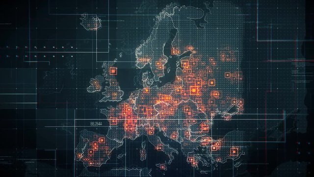 Black Europe Map with Lines Rollback Camera. Black Europe map with visual effects,square indicators and animated lines in different places.